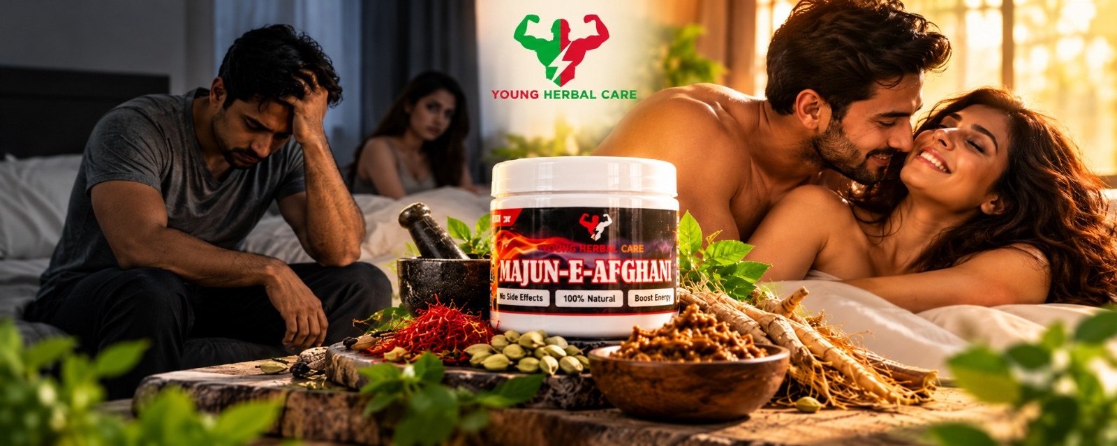 Majun-E-Afghani jar with saffron, cardamom and herbs, beside a contrast of low and high vitality