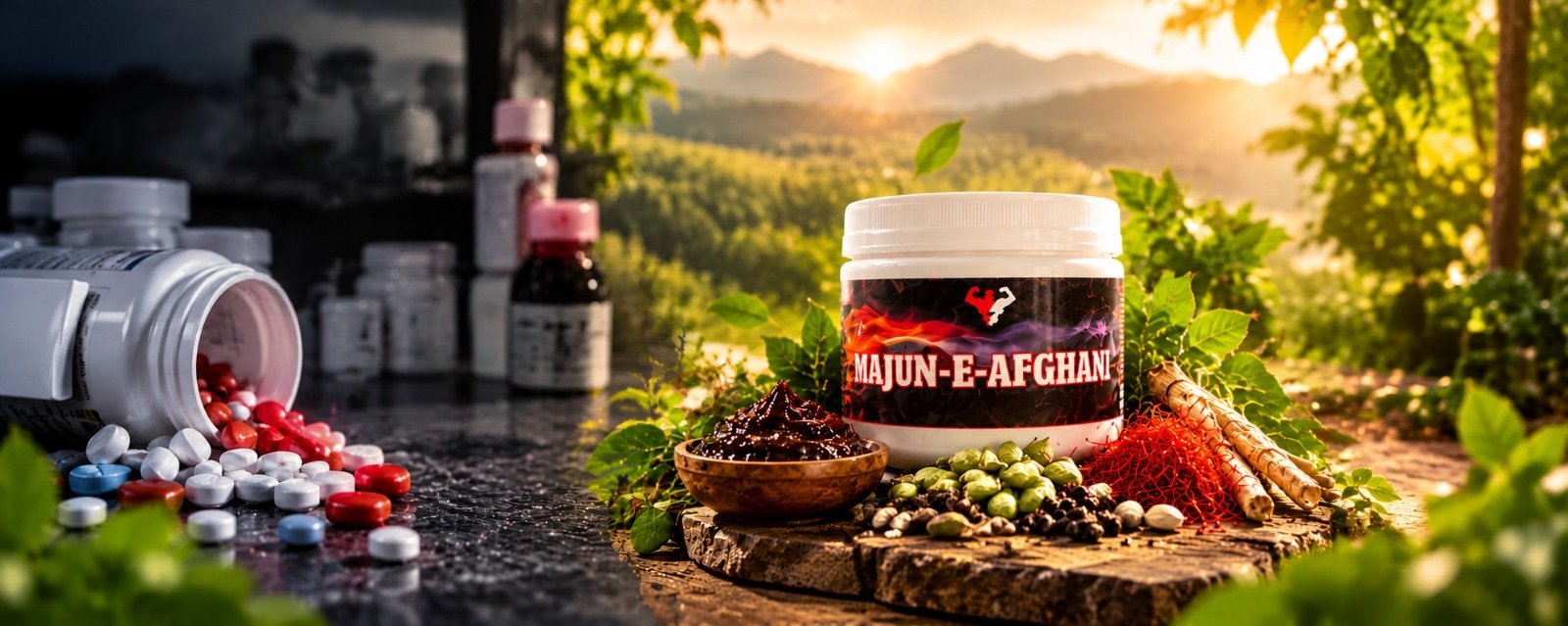 Majun-E-Afghani jar in a natural landscape with herbs and spices, set against pharmacy pills