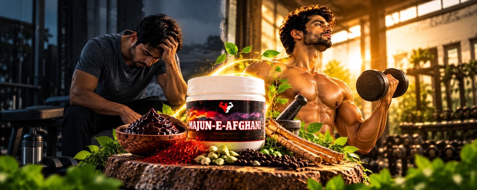 Majun-E-Afghani jar between a tired man and an energetic man lifting weights
